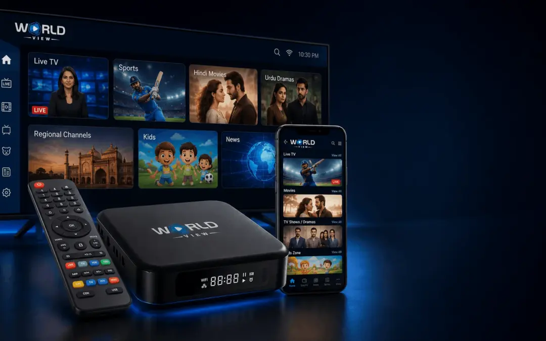 World View HD IPTV set-top box with remote, TV interface and mobile app for South Asian entertainment in Australia