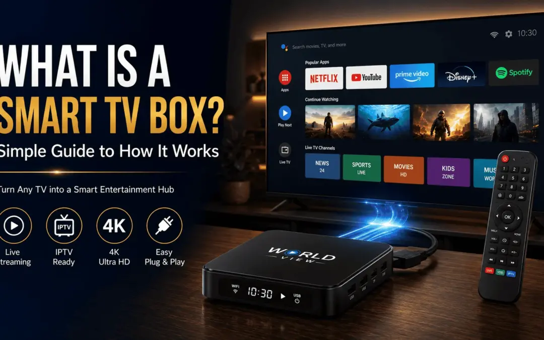 Smart TV box connected to a television showing streaming apps and IPTV channels, illustrating how an Android TV box works for streaming movies, live TV, and entertainment.