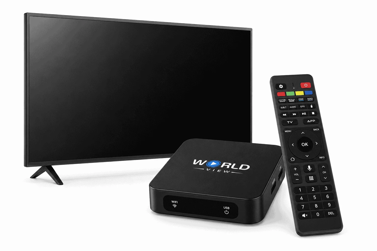 World View HD IPTV remote and LED TV