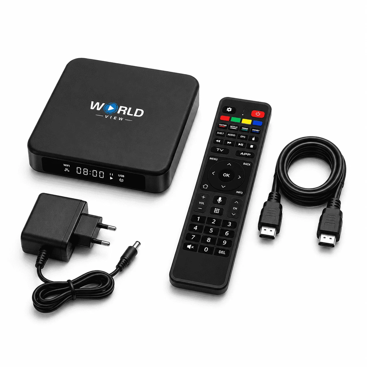 World View HD Media Box and its Items World View HD IPTV box package with remote, HDMI cable and power adapter