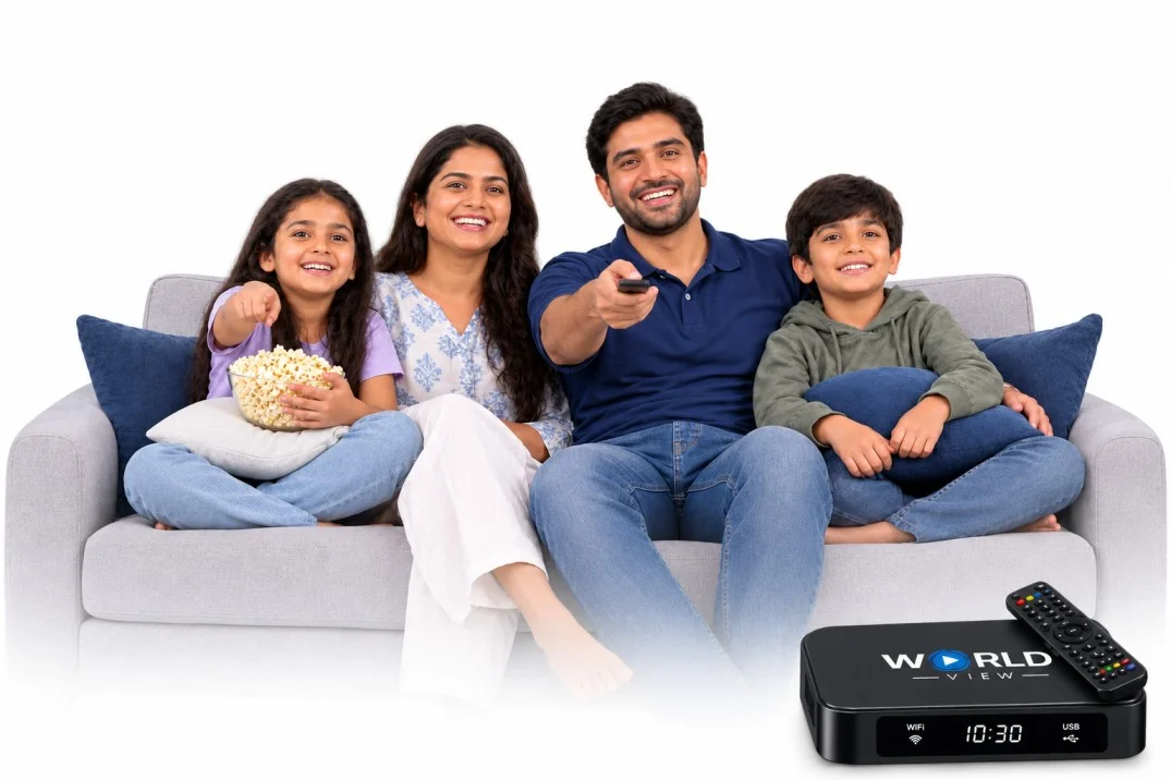 Family watching TV with Indian TV Box
