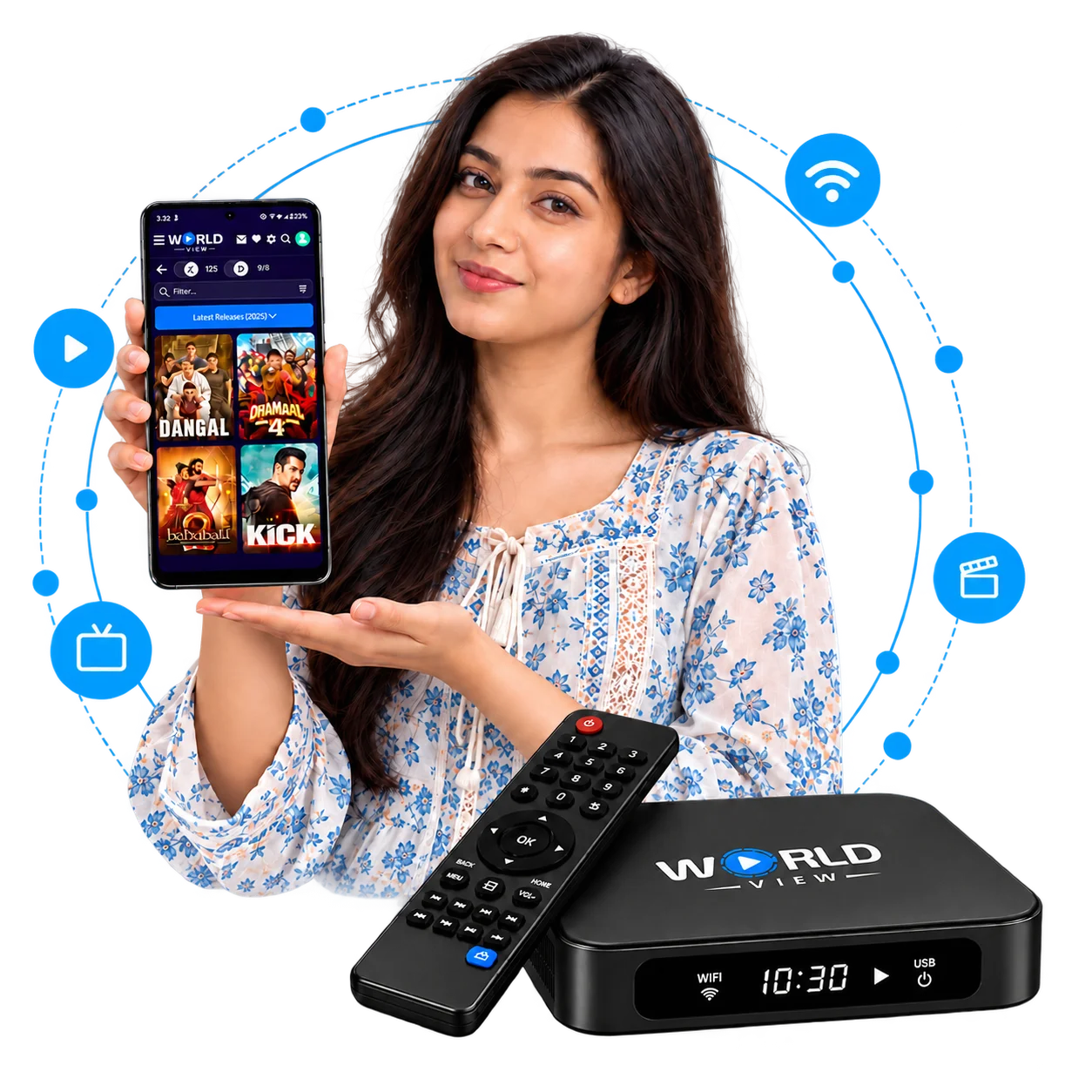 Woman with Smartphone and World View Receiver Worldview-app